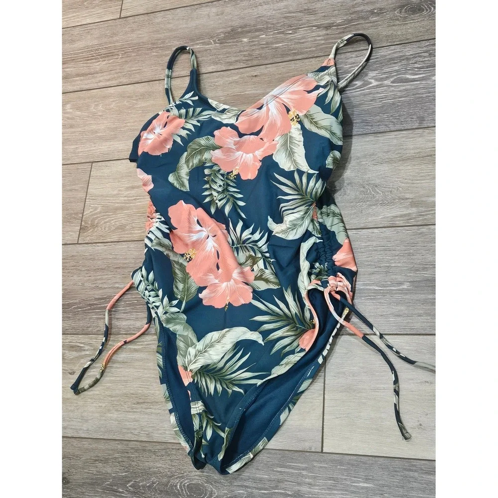 Kona Sol Women's Teal Floral Side-Tie Medium Coverage One Piece Swimsuit-Large